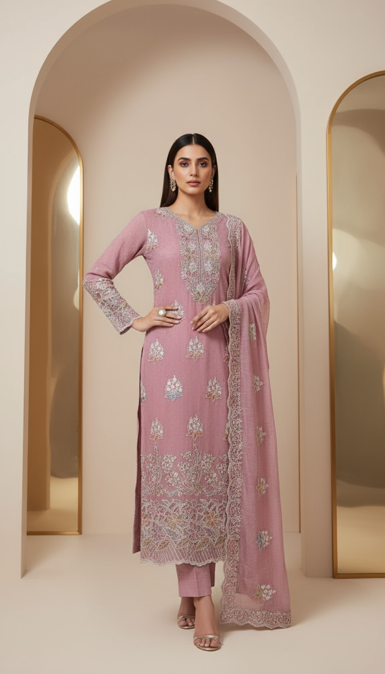 Dusty Rose Textured Silk Suit with Pastel Thread Embroidery and Scalloped Hem